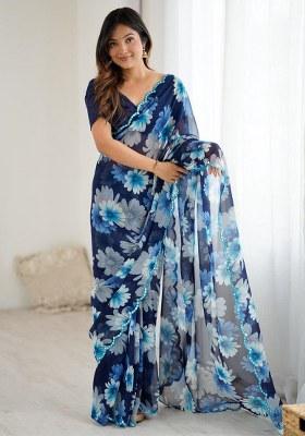 Blue Embroidery Georgette Saree With Blouse