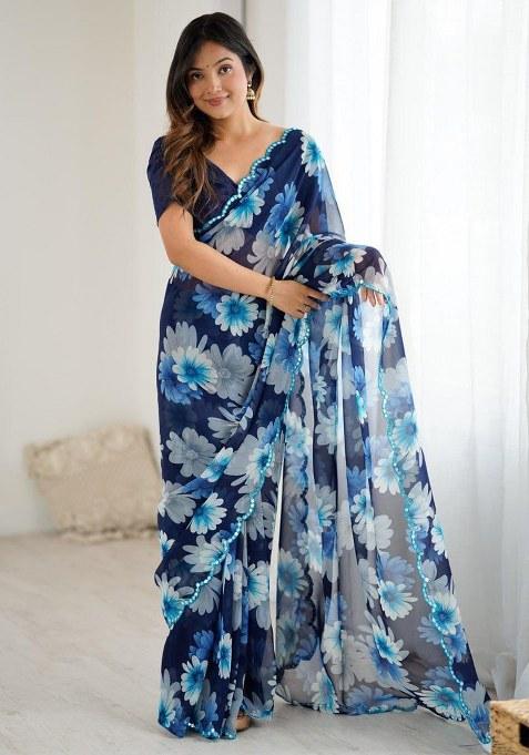 Blue Embroidery Georgette Saree With Blouse