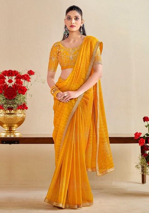 Yellow Embroidery Chiffon Saree With Blouse