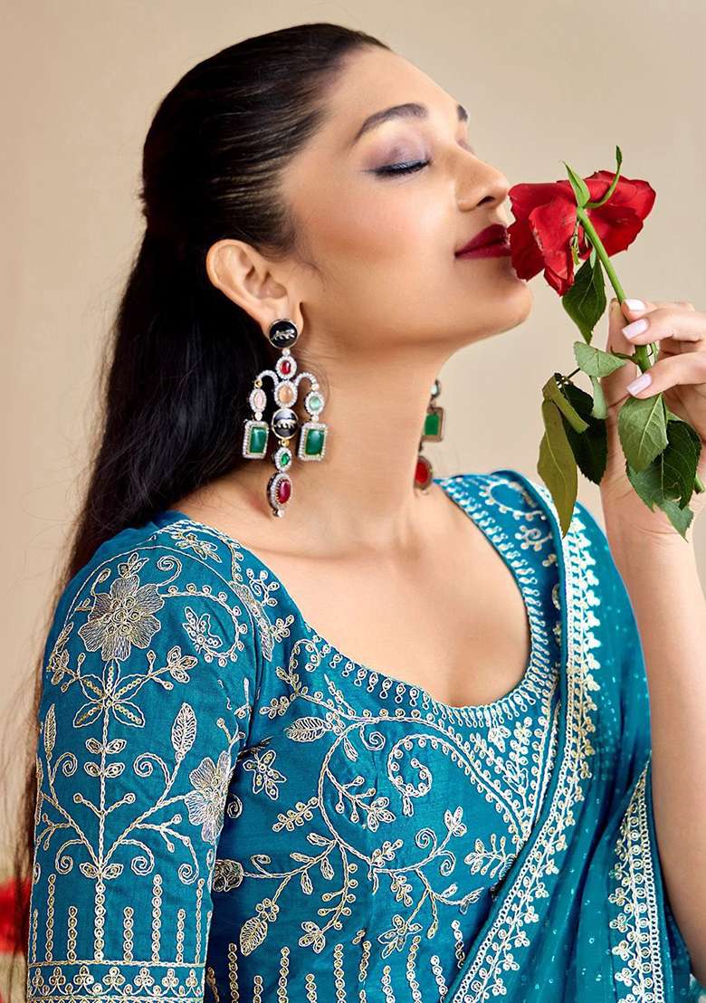 Sky Blue With Blouse Chiffon Saree with Embroidery for Diwali | Wedding & Festive Wear - Indya