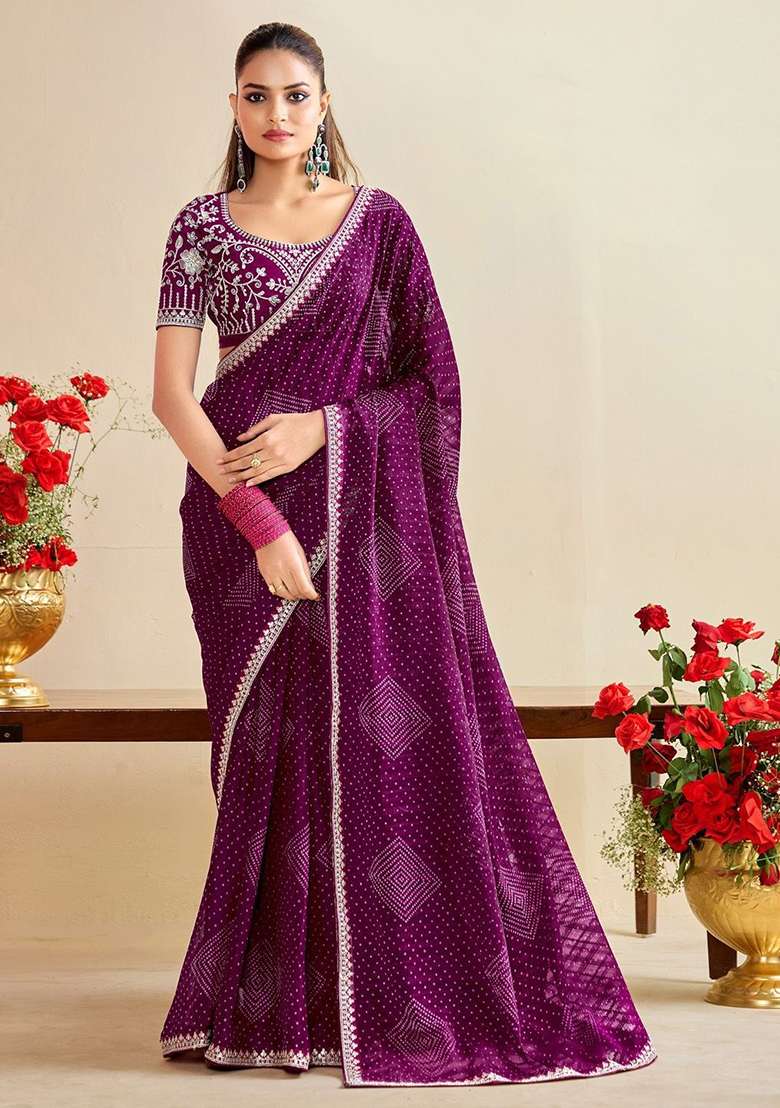 Wine With Blouse Chiffon Saree with Embroidery for Diwali | Wedding & Festive Wear - Indya