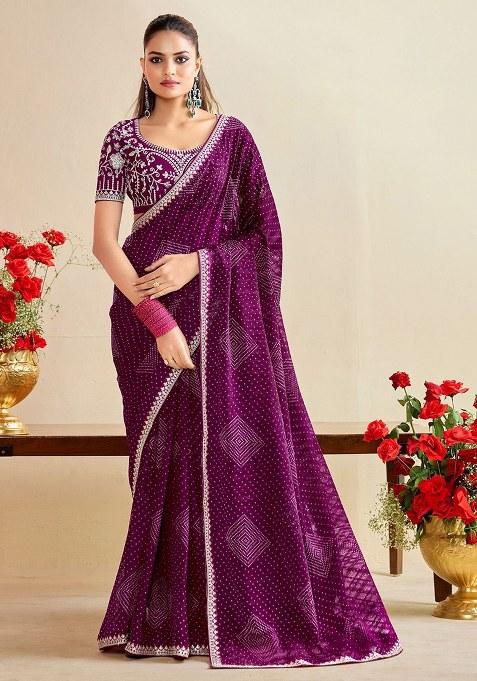 Wine Embroidery Chiffon Saree With Blouse