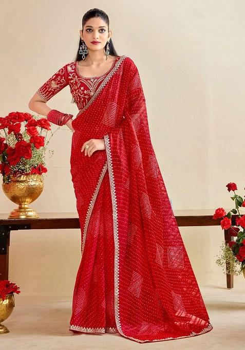 Red Embroidery Chiffon Saree With Blouse
