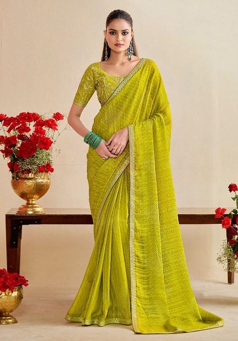 Olive Green Embroidery Chiffon Saree With Blouse