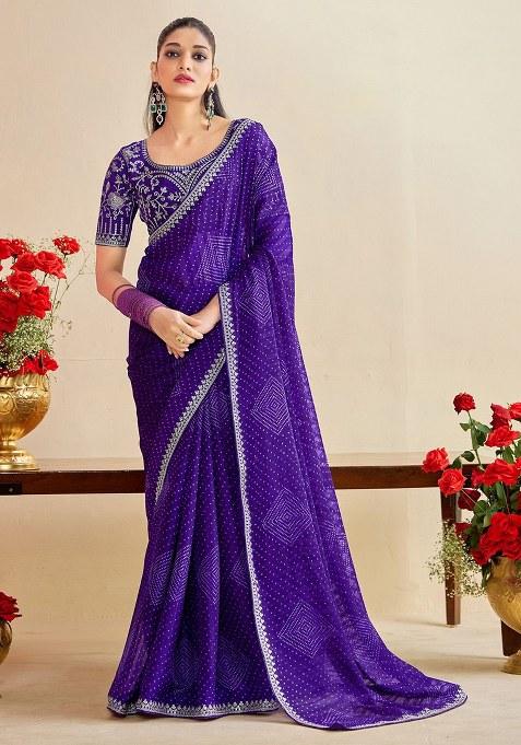 Purple Embroidery Chiffon Saree With Blouse