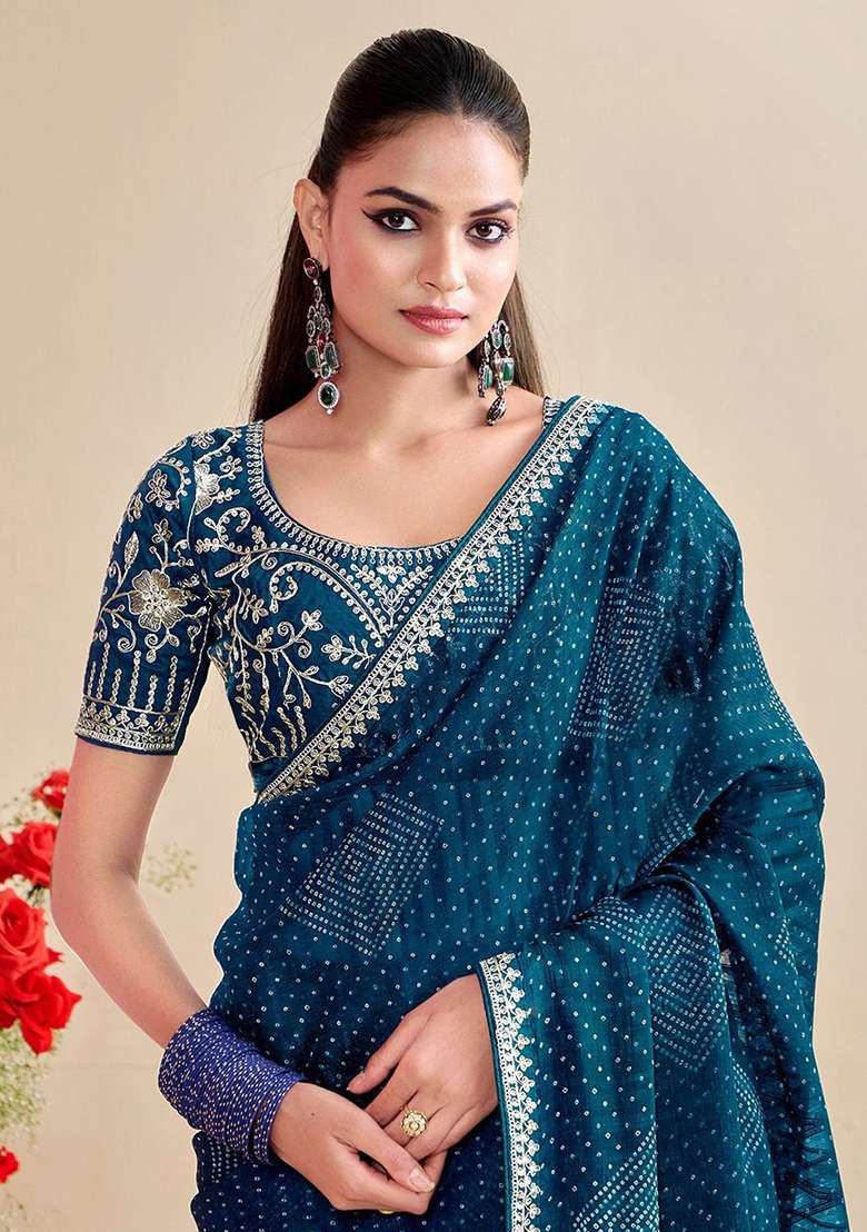 Teal Blue Embroidery Chiffon Saree With Blouse for Diwali and Festive Wear - Indya