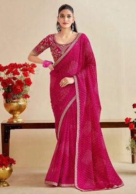 Magenta Embroidery Chiffon Saree With Blouse