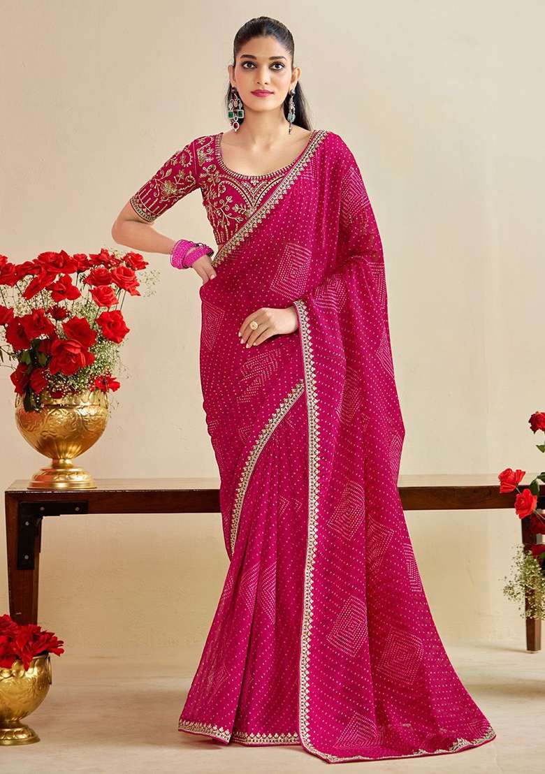 Magenta Embroidery Chiffon Saree With Blouse for Diwali and Festive Wear - Indya