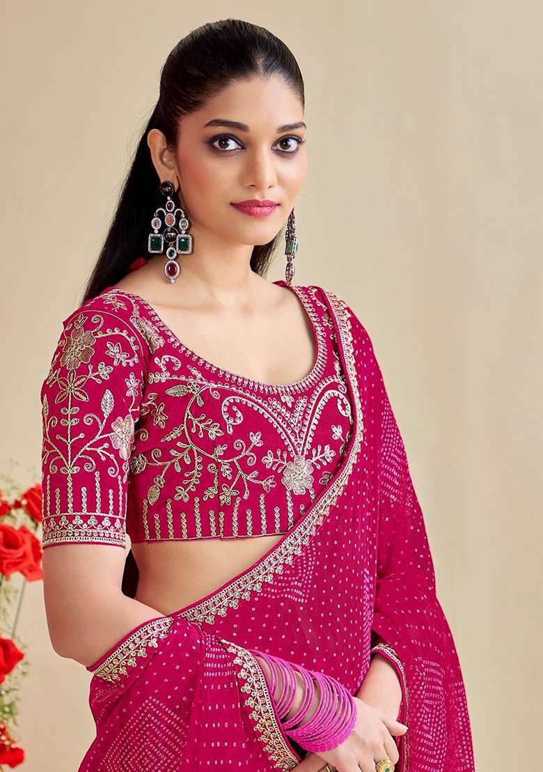 Magenta Embroidery Chiffon Saree With Blouse for Diwali and Festive Wear - Indya