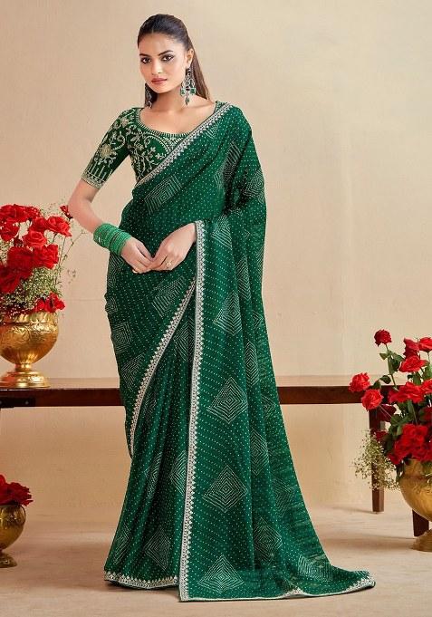 Green Embroidery Chiffon Saree With Blouse