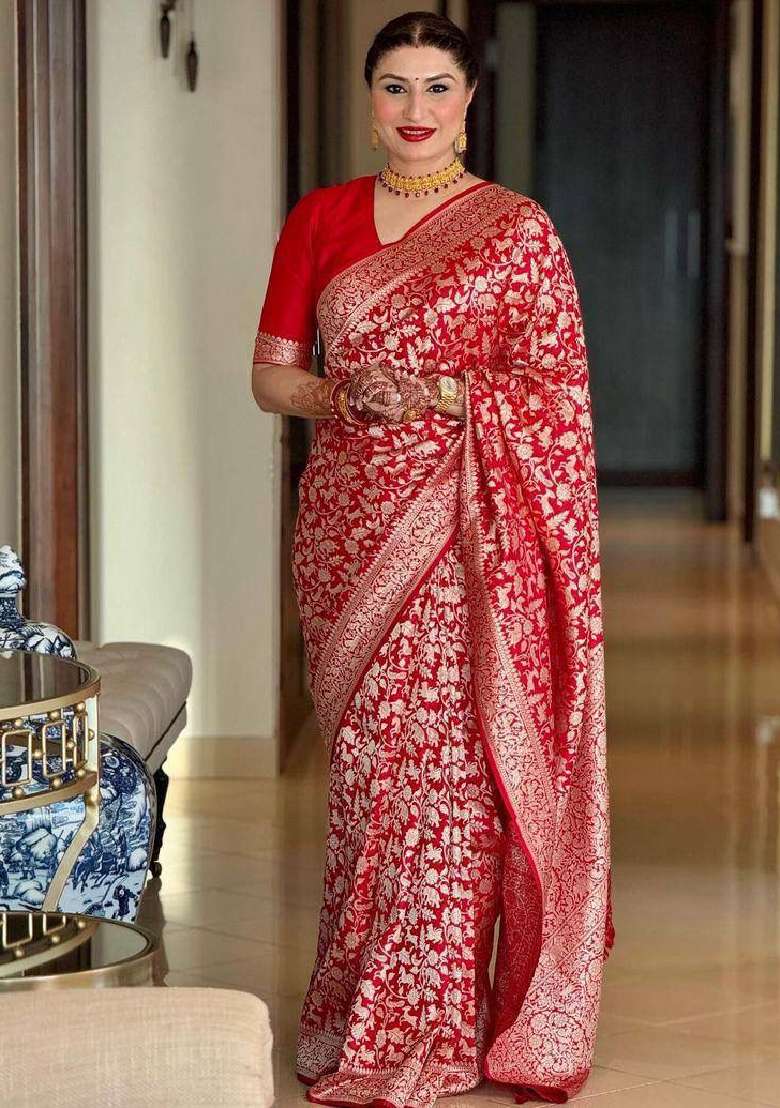 Red Embroidery Lichi Silk Blend Saree With Blouse for Diwali and Festive Wear - Indya