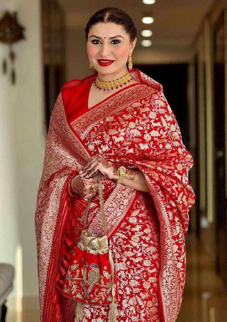 Red Embroidery Lichi Silk Blend Saree With Blouse for Diwali and Festive Wear - Indya