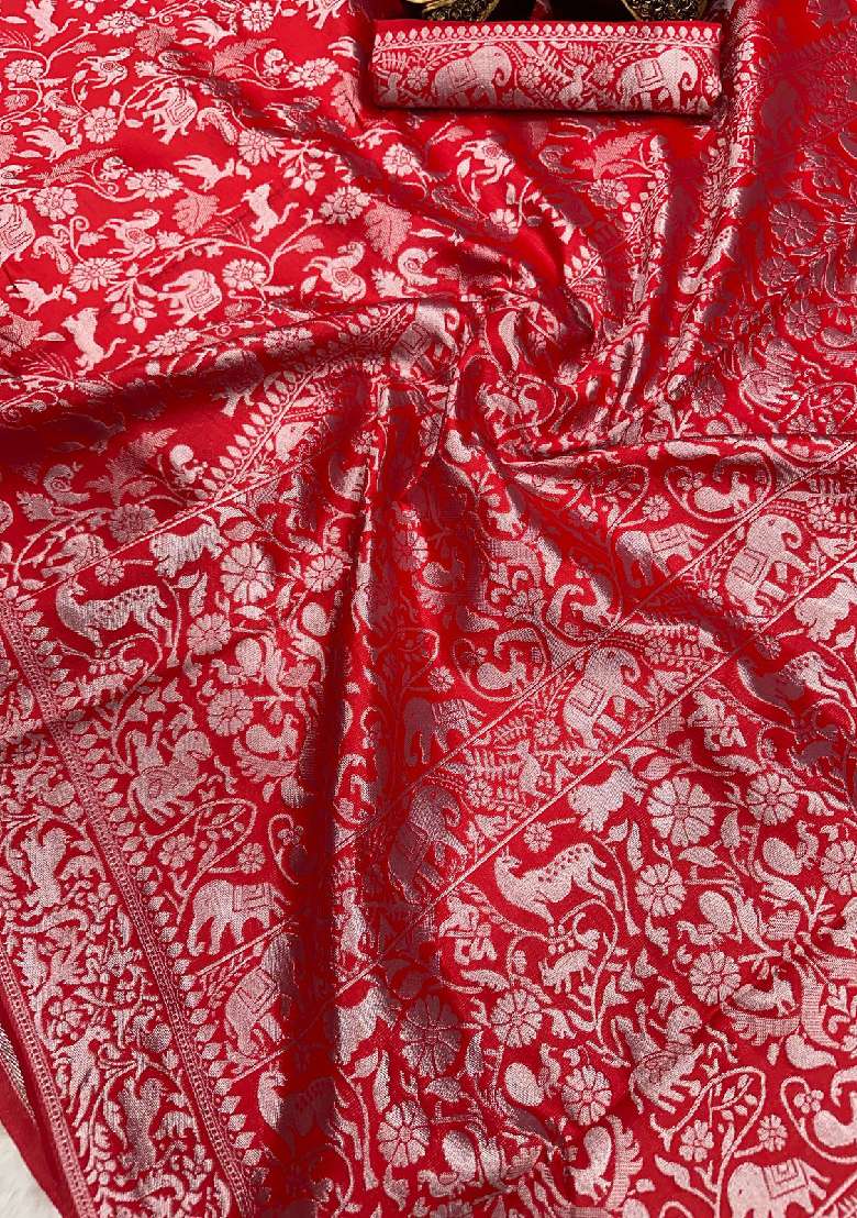 Red Embroidery Lichi Silk Blend Saree With Blouse for Diwali and Festive Wear - Indya