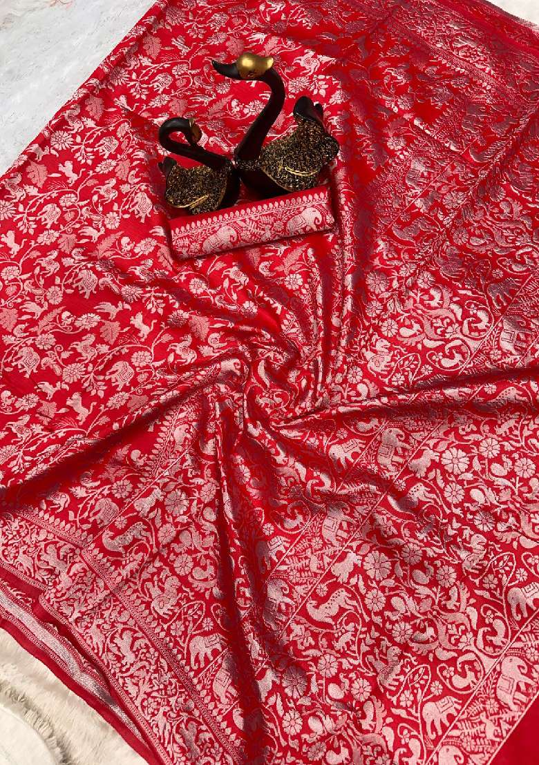 Red Embroidery Lichi Silk Blend Saree With Blouse for Diwali and Festive Wear - Indya