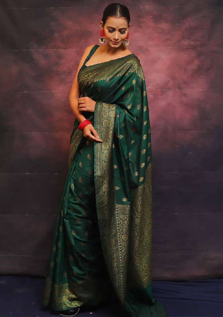 Green Lichi With Blouse Silk Blend Saree with Embroidery for Diwali | Wedding & Festive Wear - Indya