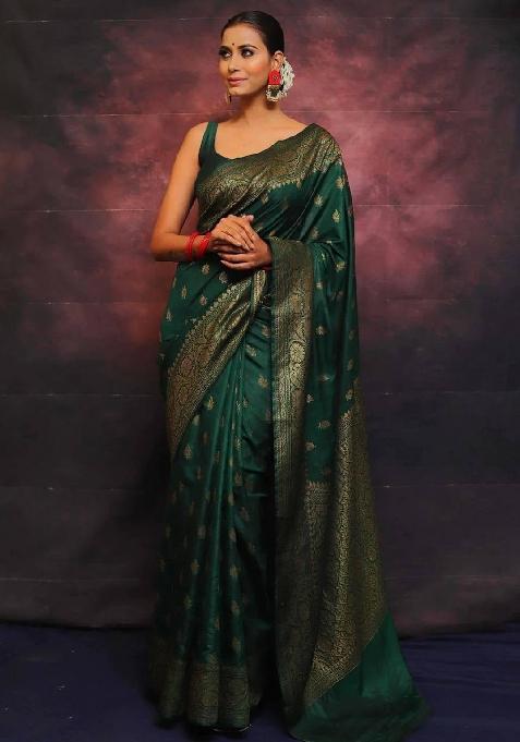 Green Embroidery Lichi Silk Saree With Blouse