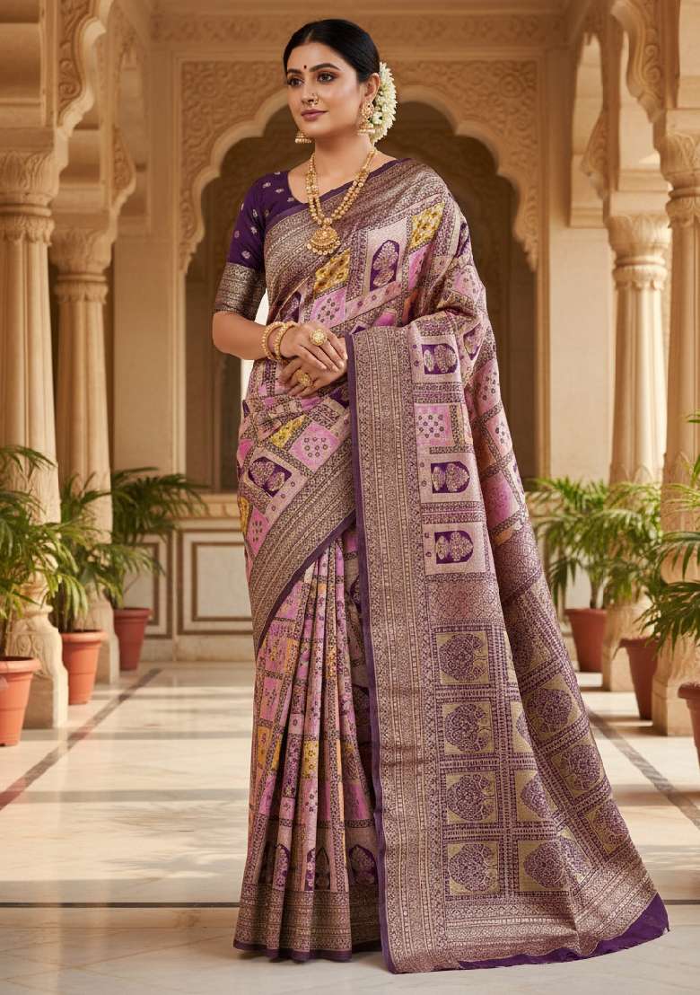 Wine Embroidery Lichi Silk Blend Saree With Blouse for Diwali and Festive Wear - Indya