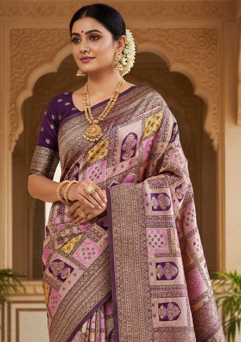 Wine Embroidery Lichi Silk Blend Saree With Blouse for Diwali and Festive Wear - Indya