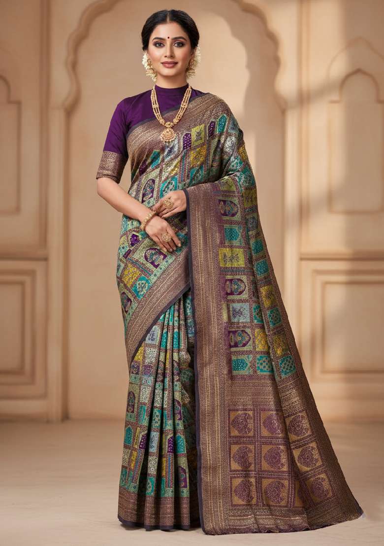Multicolor Lichi With Blouse Silk Blend Saree with Embroidery for Diwali | Wedding & Festive Wear - Indya