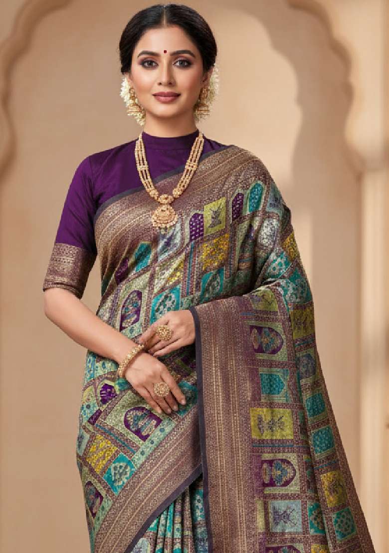 Multicolor Lichi With Blouse Silk Blend Saree with Embroidery for Diwali | Wedding & Festive Wear - Indya