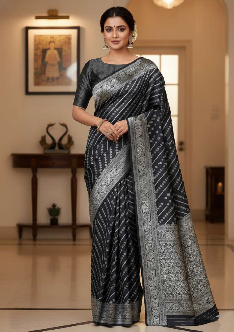 Black Embroidery Lichi Silk Blend Saree With Blouse for Diwali and Festive Wear - Indya
