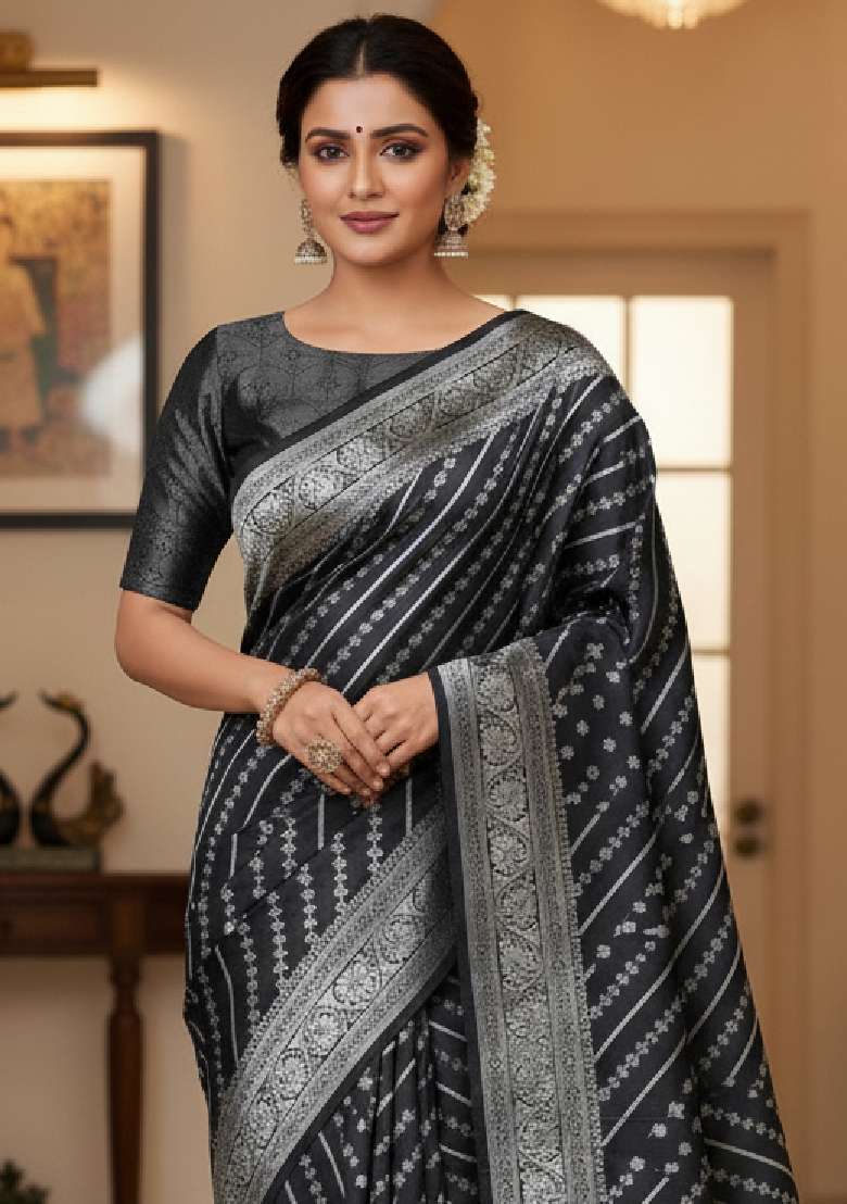 Black Embroidery Lichi Silk Blend Saree With Blouse for Diwali and Festive Wear - Indya