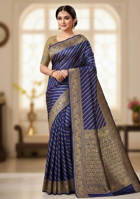 Blue Embroidery Lichi Silk Saree With Blouse