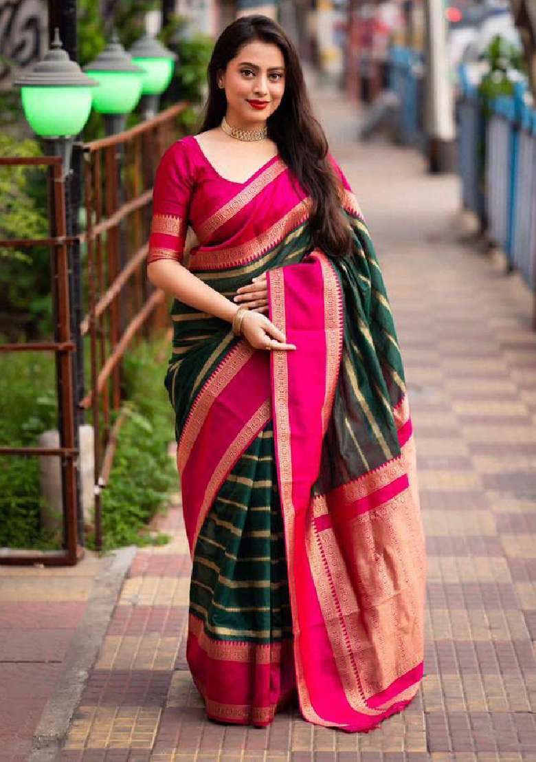 Green Embroidery Lichi Silk Blend Saree With Blouse for Diwali and Festive Wear - Indya