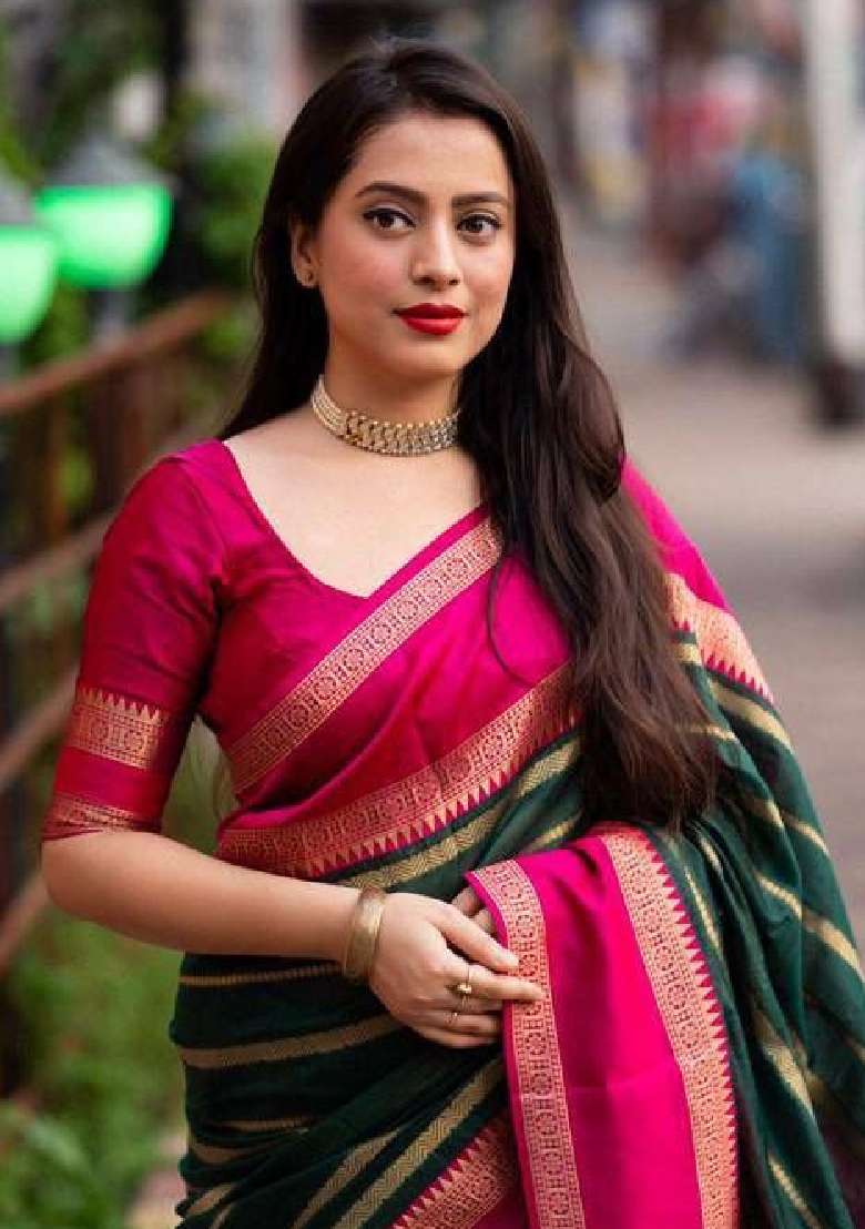Green Embroidery Lichi Silk Blend Saree With Blouse for Diwali and Festive Wear - Indya