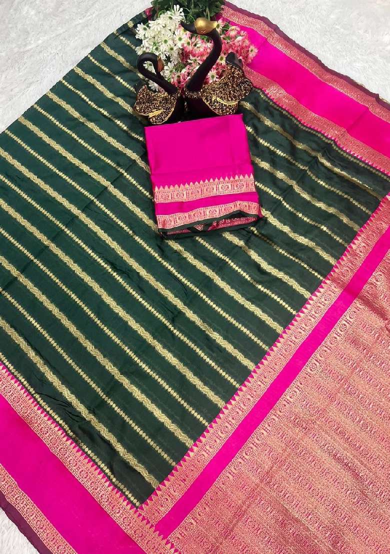 Green Embroidery Lichi Silk Blend Saree With Blouse for Diwali and Festive Wear - Indya