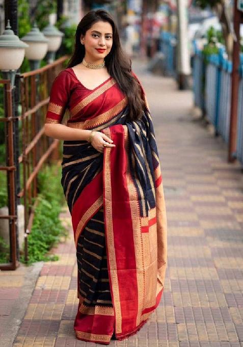 Navy Blue Embroidery Lichi Silk Saree With Blouse