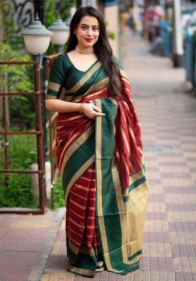 Maroon Embroidery Lichi Silk Saree With Blouse