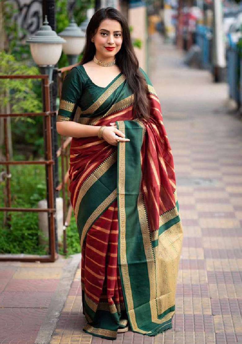 Maroon Lichi With Blouse Silk Blend Saree with Embroidery for Diwali | Wedding & Festive Wear - Indya
