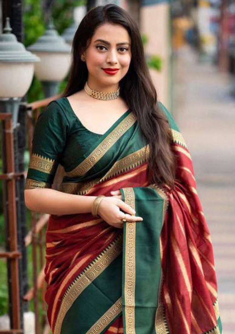 Maroon Lichi With Blouse Silk Blend Saree with Embroidery for Diwali | Wedding & Festive Wear - Indya