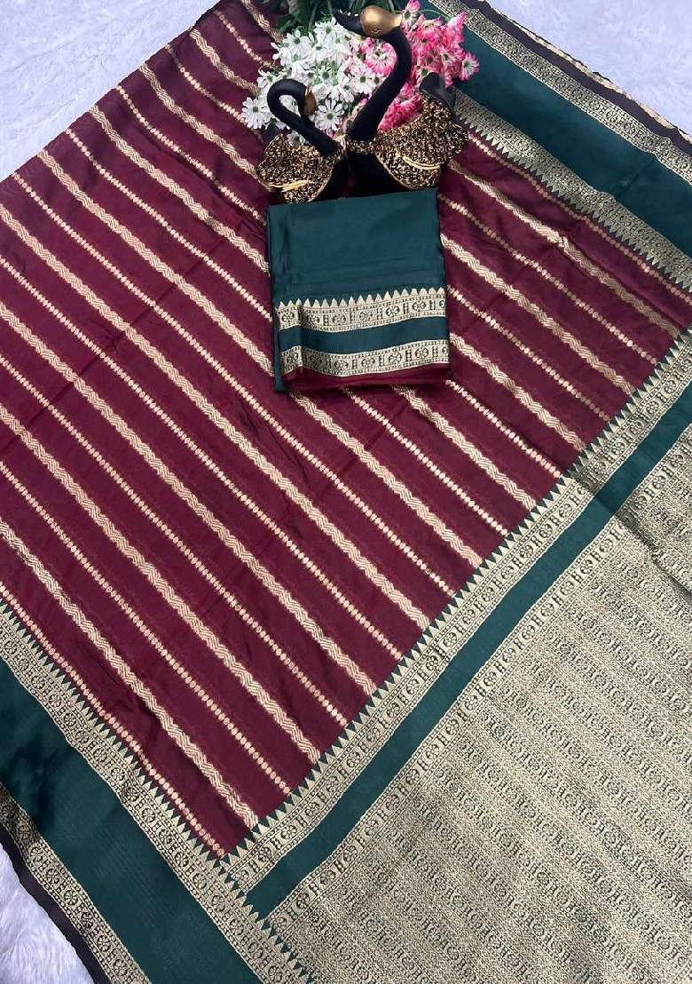 Maroon Lichi With Blouse Silk Blend Saree with Embroidery for Diwali | Wedding & Festive Wear - Indya