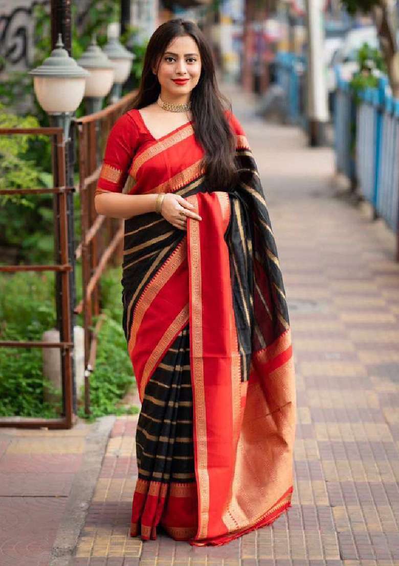 Black Embroidery Lichi Silk Blend Saree With Blouse for Diwali and Festive Wear - Indya