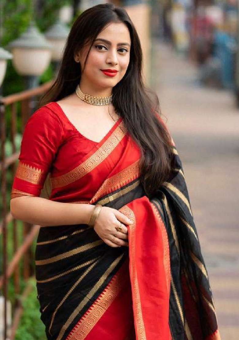 Black Embroidery Lichi Silk Blend Saree With Blouse for Diwali and Festive Wear - Indya