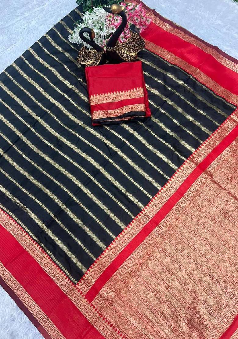 Black Embroidery Lichi Silk Blend Saree With Blouse for Diwali and Festive Wear - Indya