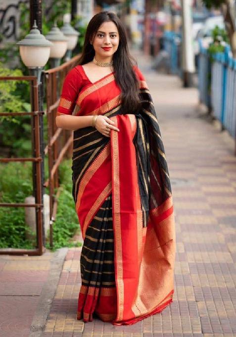 Black Embroidery Lichi Silk Saree With Blouse