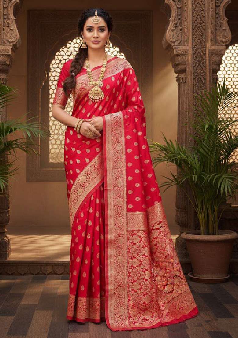 Red Embroidery Lichi Silk Blend Saree With Blouse for Diwali and Festive Wear - Indya