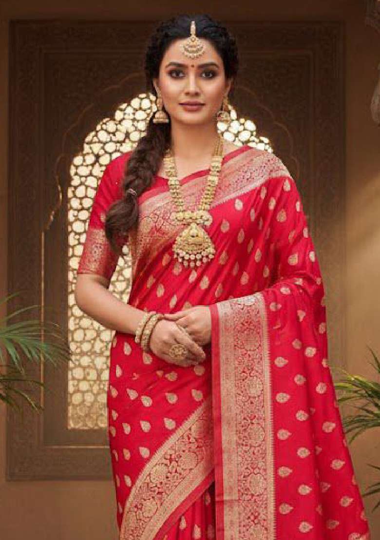 Red Embroidery Lichi Silk Blend Saree With Blouse for Diwali and Festive Wear - Indya