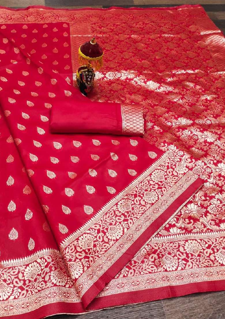 Red Embroidery Lichi Silk Blend Saree With Blouse for Diwali and Festive Wear - Indya