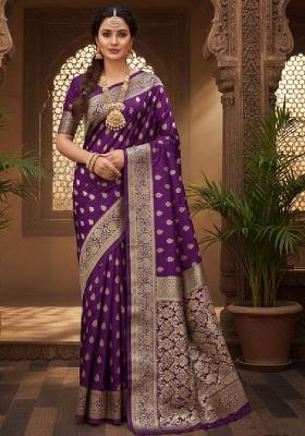 Wine Embroidery Lichi Silk Saree With Blouse