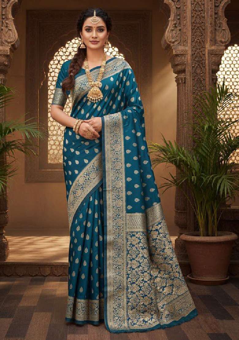 Teal Blue Lichi With Blouse Silk Blend Saree with Embroidery for Diwali | Wedding & Festive Wear - Indya