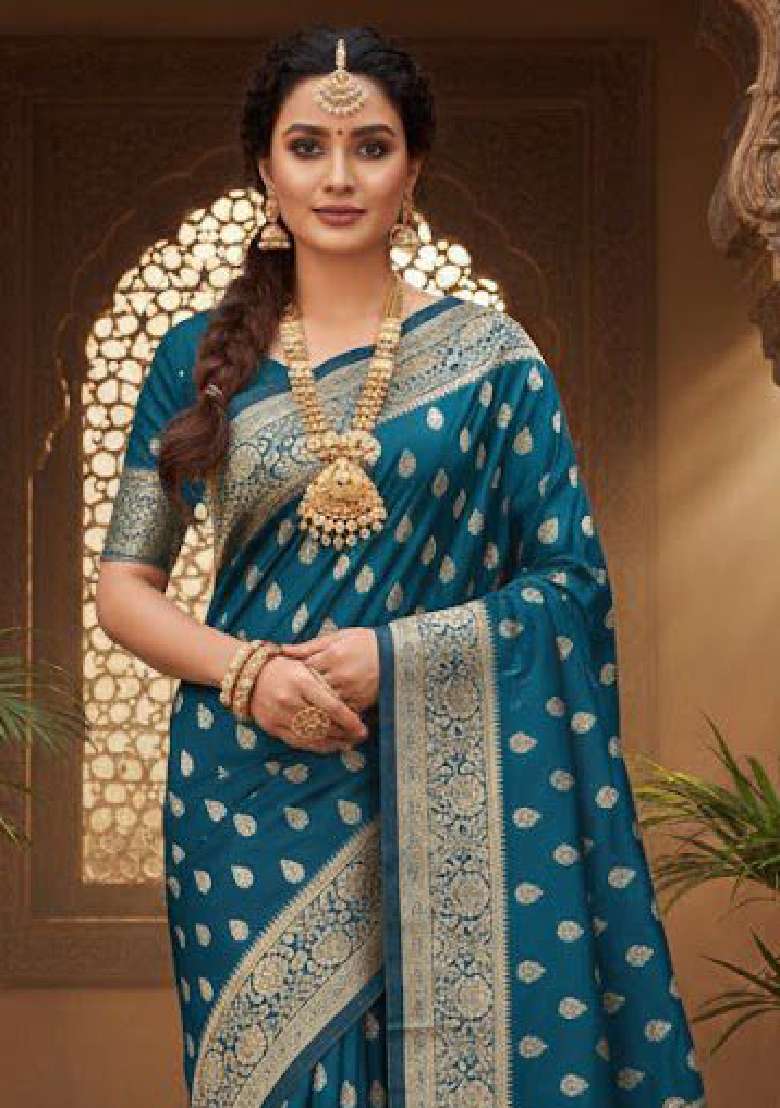 Teal Blue Lichi With Blouse Silk Blend Saree with Embroidery for Diwali | Wedding & Festive Wear - Indya
