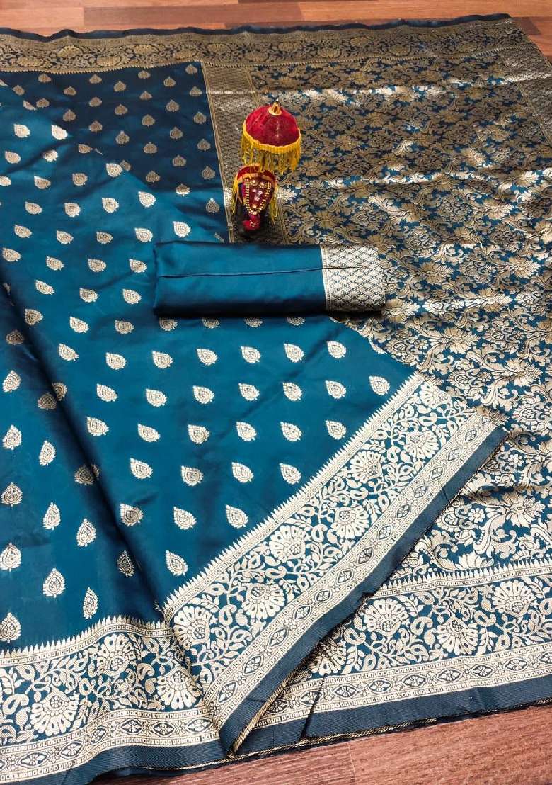 Teal Blue Lichi With Blouse Silk Blend Saree with Embroidery for Diwali | Wedding & Festive Wear - Indya