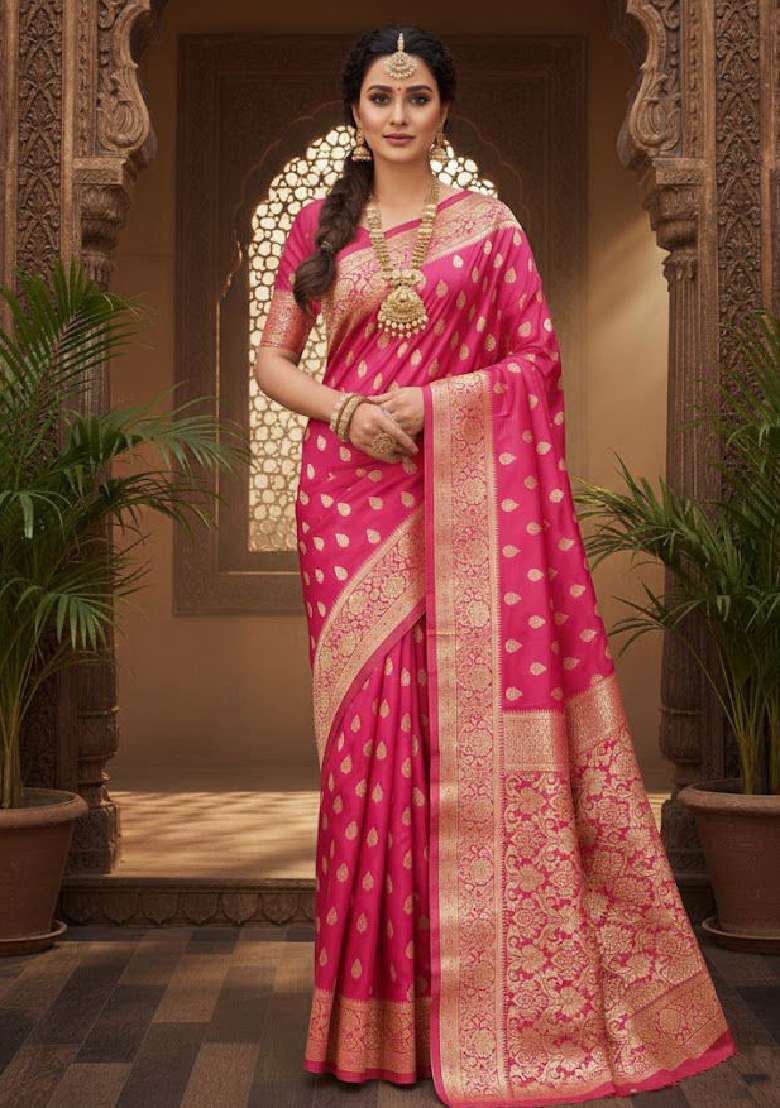 Pink Lichi With Blouse Silk Blend Saree with Embroidery for Diwali | Wedding & Festive Wear - Indya
