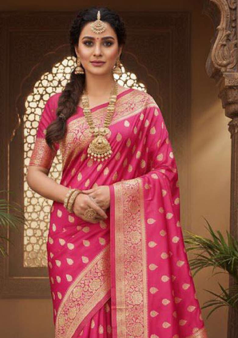 Pink Lichi With Blouse Silk Blend Saree with Embroidery for Diwali | Wedding & Festive Wear - Indya