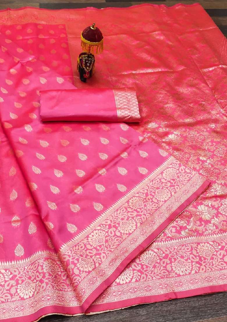 Pink Lichi With Blouse Silk Blend Saree with Embroidery for Diwali | Wedding & Festive Wear - Indya