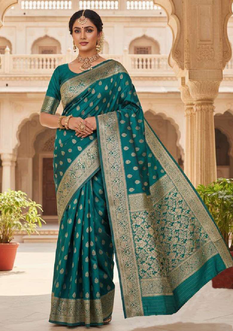 Teal Green Embroidery Lichi Silk Blend Saree With Blouse for Diwali and Festive Wear - Indya